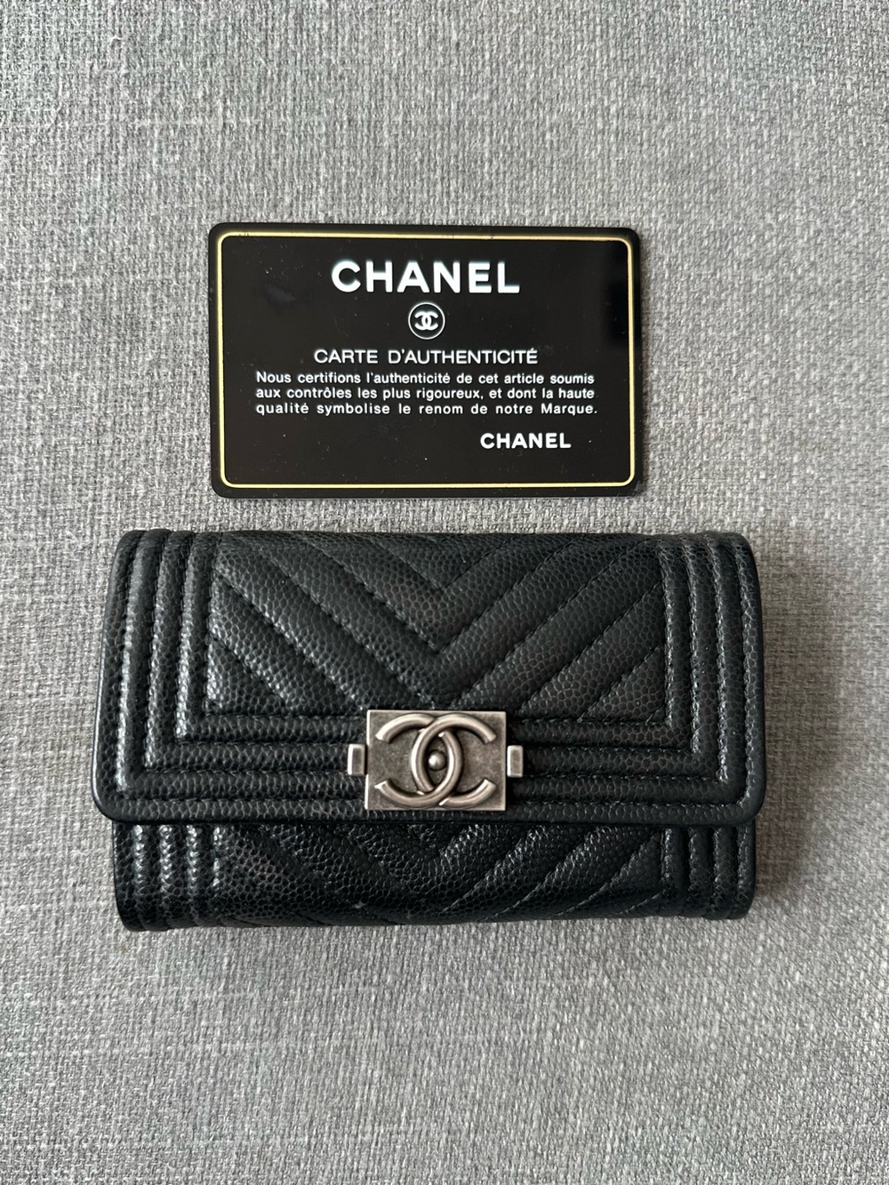 Chanel Black Caviar Chevron Compact Wallet